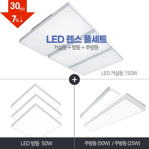 LED 렌스 풀세트 30~40평대 [ 거실150W+방등50W+주방등 25W/50W ] 